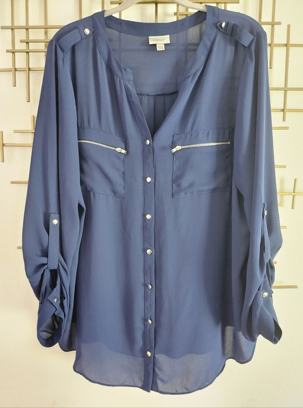 14/16- Avenue- Navy Blouse With Strap Button Sleeves